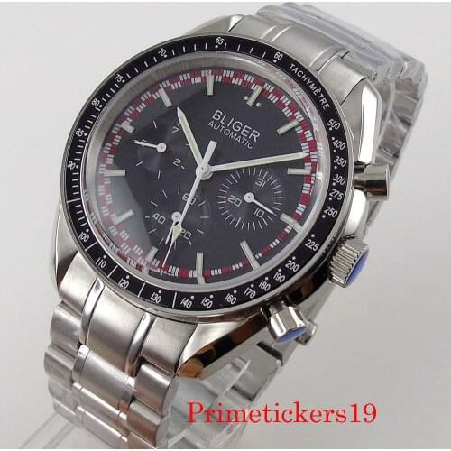 Mechanical Automatic Men WatchBliger 40mm Date Week Display Black Dial Mineral Glass Stainless Steel/Leather Band