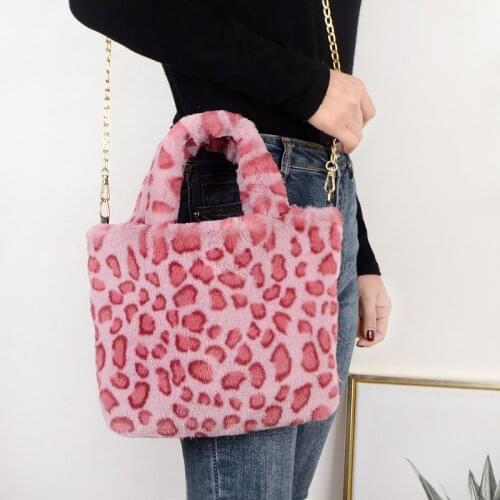 Fashion Leopard Pattern Womens Messenger Bag Vintage Faux Fur Female Handbags Small Tote Ladies Chain Plush Purse Shoulder Bags