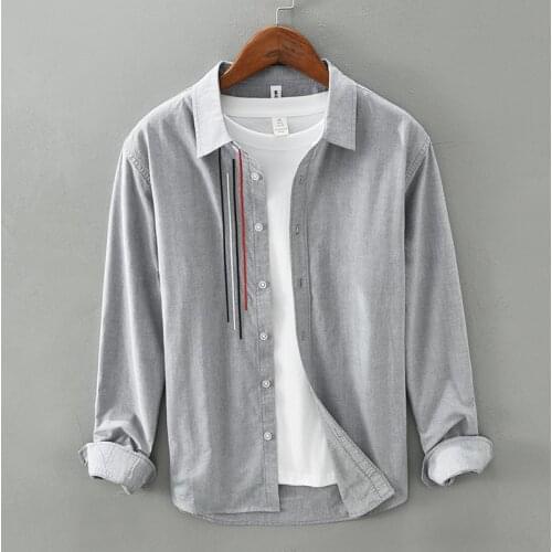 Gray Striped Shirts for Men Long Sleeve Casual Turn-down Collar Tops 2021 Autumn New Male Fashion Pure Cotton Vintage Clothing