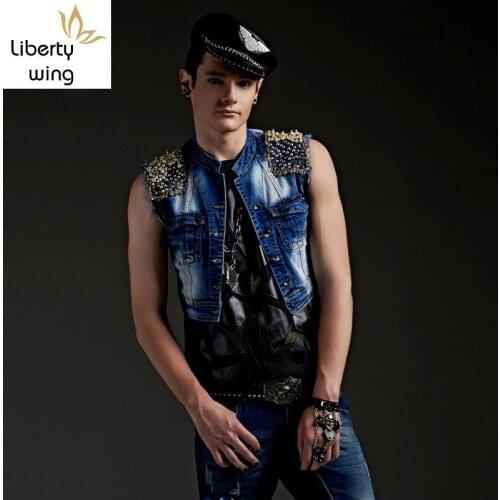 Punk Rock Embroidered Flares Rivet Mens Short Denim Waistcoats Harajuka Slim Fit Stand Collar Sleeveless Male Costumes Vests