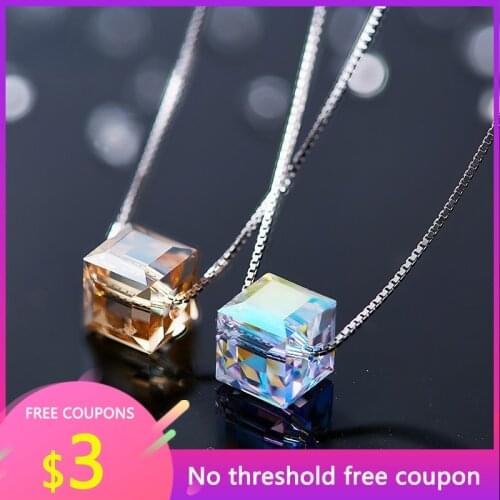 OGULEE S925 Silver Necklace Square Personality Rubiks Cube Clavicle Chain Fashion Simple Dazzling Crystal Pendant Female Chain