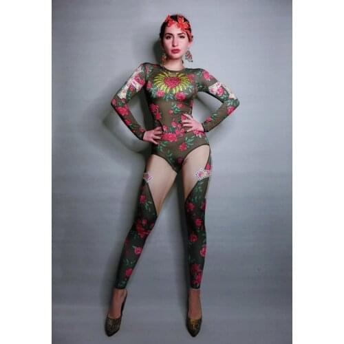 Retro enchanting rose floral print rhinestone jumpsuit nightclub bar concert DJ singer/dancer costume