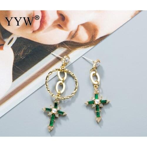 Vintage Asymmetric Long Earrings Green Rhinestone New Arrival Cross Drop Earrings For Women Pearl Baroque Femme Brinco Jewelry