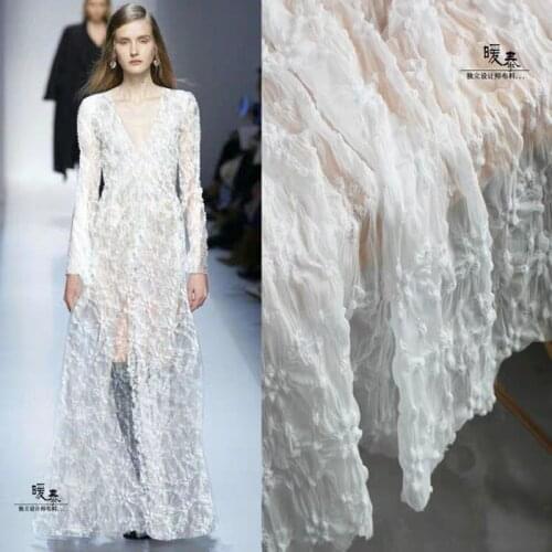 Embroidered Tulle Fabric White Wave Stereo Folds DIY Decor Patchwork Stage Skirt Gown Wedding Dress Lace Designer Fabric