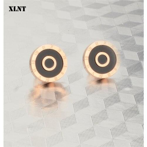 XLNT Stainless Steel Round Stud Earrings For Women Roman numerals Pattern Rose Gold Color Black Earrings