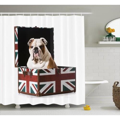 English Bulldog Shower Curtain Cute Bulldog Sitting in Union Jack Britain Themed Box Patriotic Waterproof Bath Curtains