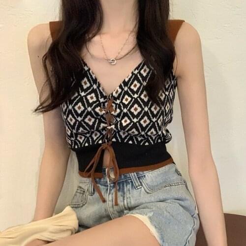 2021 Retro Sexy V Neck Cropped Tank Tops Short Shirt Women Drawstring Tie Up Printing Retro Streetwear Slim Fit Ribbed Crop Top
