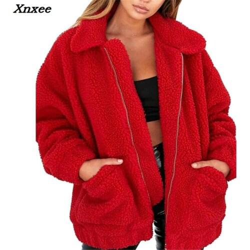 Women Autumn Winter Warm Soft Jacket Thick Plush Zipper Overcoat Short Outerwear Lapel Sweatshirt Fleece Fur Coat Xnxee