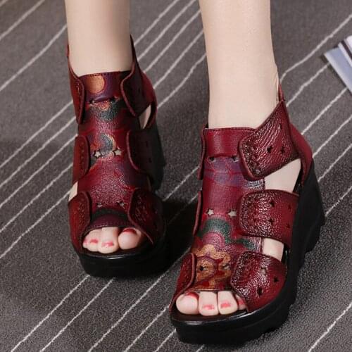 2021 Summer Ethnic Style Genuine Leather Women Shoes Red Gladiator Sandals Wedges Sandals Handmade Genuine Leather Women Sandal