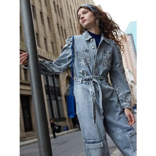 IRINACH343 Spring Summer 2021 Original Design New Arrivals Long Sleeve Jacquard Patchwork Denim Jumpsuits Women