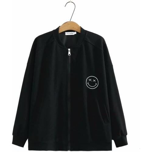 Women sweetshirts oversize fashion stand collar Smiley embroidery Womens jacket black gray pink womens clothing 2021