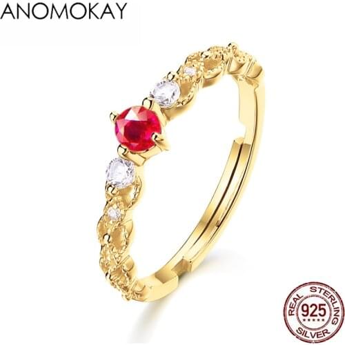 Anomokay Shinny Red & White CZ Gold Color Rings for Women Wedding Party Gift 925 Sterling Silver Free Size Ring Luxury Jewelry