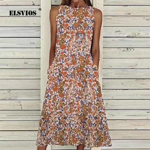Print Sleeveless O-Neck Dress 2021 Summer New Women Midi Vestido Fashion Floral Casual Pocket High Waist A-Line Dress Streetwear