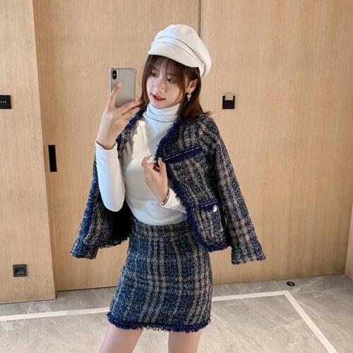 Winter Woolen Suits Womens Plaid Tweed Jacket Short Skirt Ladies Slim Two-Piece Sets