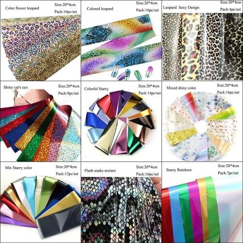 500set Holographic Nail Foil Set Starry Transfer 20*4cm Sticker Laser Flowers Leopard Mix Design Decal DIY Nail Art Decoration