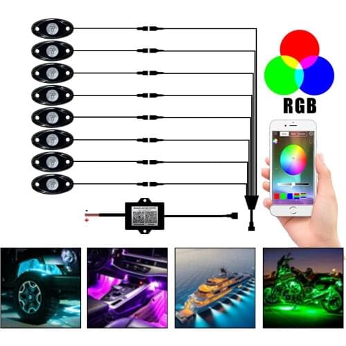 4/8pcs LED RGB Rock Music Lights Bluetooth App Control Universal Underbody Neon Atmosphere Lamps 10-30V Car Accessories