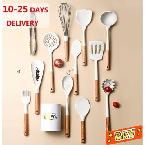 1PCS White Silicone Kitchenware Extended Head Spatula Kitchen Tool Modern Minimalist Solid Wood Handle Cooking Baking Tool