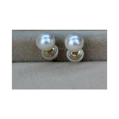 Free shipping Round 7-8mm Aaa South Sea White Natural Pearl Stud Earrings 14k Yellow Gold