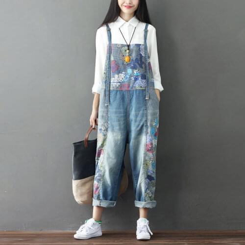 Plus Size Denim Bib Overalls Women Printed Suspenders Jeans wide Leg Drop Crotch Trousers Baggy Jumsuits Hole cowboy pants