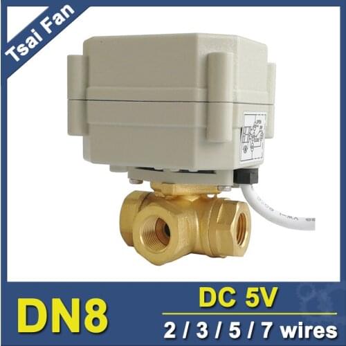 TF8-BH3-A 3 Way Brass 1/4'' DN8 Horizontal T/L Type Metal Gear Motorized Ball Valve DC5V 2/3/5/7 Wires For Water Control