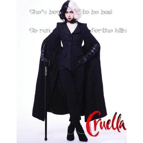 Cruella Cosplay Costume Adult Black Coat Uniform Long Flared Sleeves Women Dress Halloween Outfit Black Wig Full Set Custom Made
