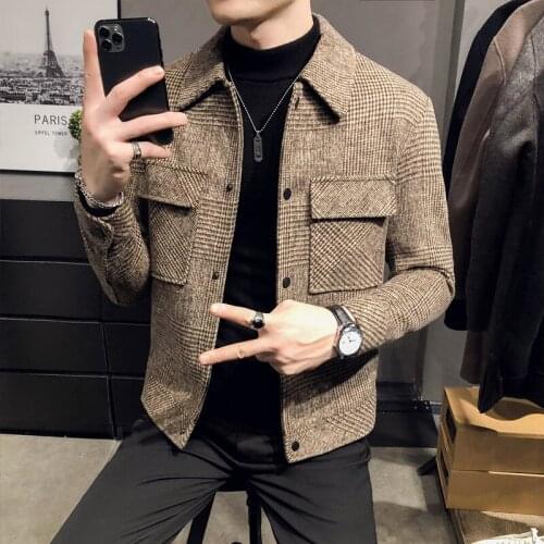 2021 New style Mens High Quality slim fit short Woolen cloth coat/Male plaid leisure Woolen cloth jacket clothing Plus size 4XL