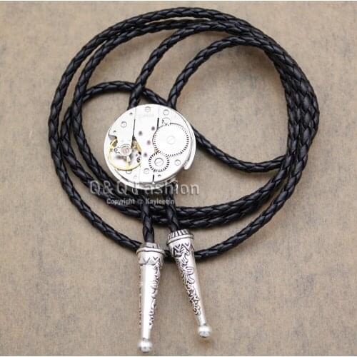 Men Silver Plated Watch Clock Movement Steampunk Western Necklace Bolo Bola Neck Tie Line Dance High Good Quality Jewelry
