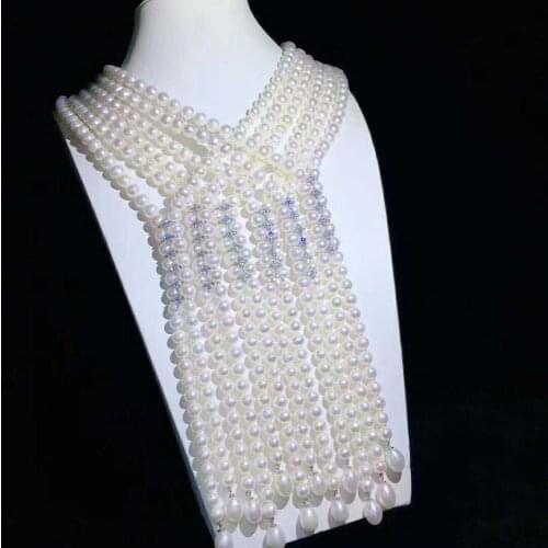 Handmade 8-9mm white freshwater pearl micro inlay zircon accessories necklace long 120cm