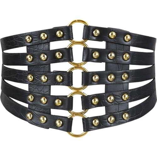 2021 Luxury Brand Metal Ring Gold Belt Ladies Women Dress Belts Corset Fashion Rivet Wide Waistband 5 Straps Pu Leather