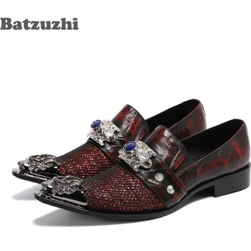 Batzuzhi British Type Mens Shoes Luxury Handmade Shiny Red Leather Dress Shoes Men Pointed Metal Tip Party and Wedding Shoes
