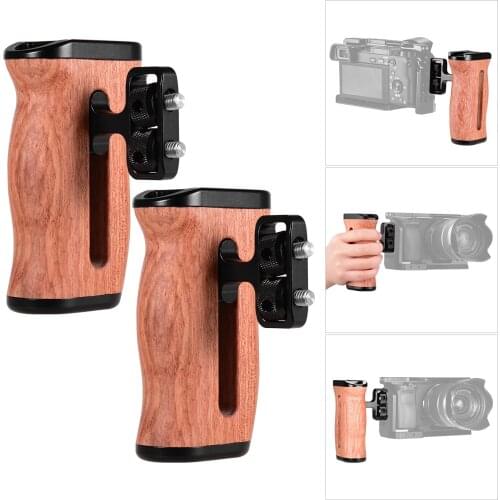 Universal Camera Cage Wooden Handle Side Hand Grip with Cold Shoe Mount 1/4 Inch & 3/8 Inch Screw Holes Photography Accessories