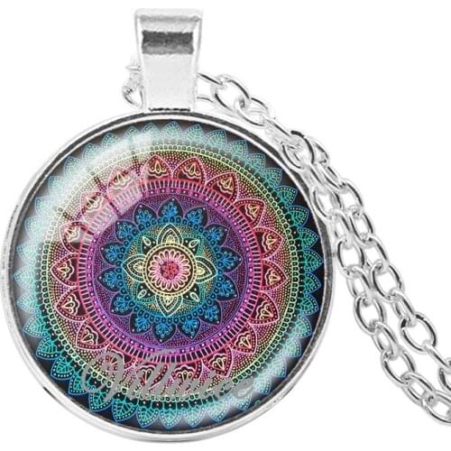 VILLWICE Newest Mandala Coloring Art Picture Necklace Glass Dome Sacred Geometry Chakra Yoga Pendant For Women Jewelry Gifts