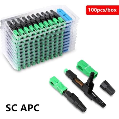 100 PCS Embedded SC APC Fiber Optic Fast Connector FTTH single mode fiber optic SC quick connector green adapter Field Assembly