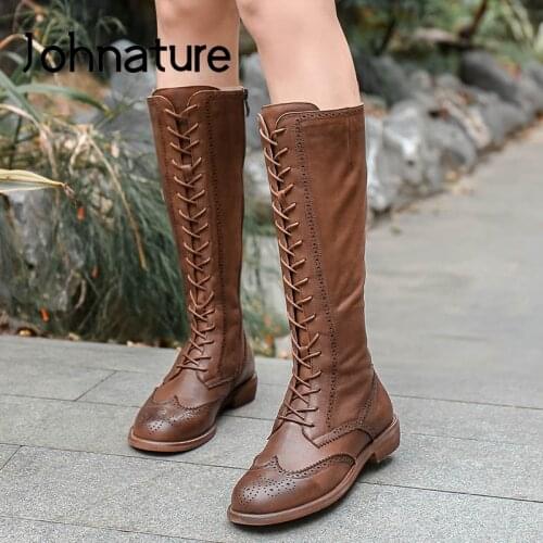 Johnature Women Shoes Long Boots Warm Genuine Leather 2020 New Winter Handmade Zip Fashion Leisure Lace-Up Casual Platform Boots