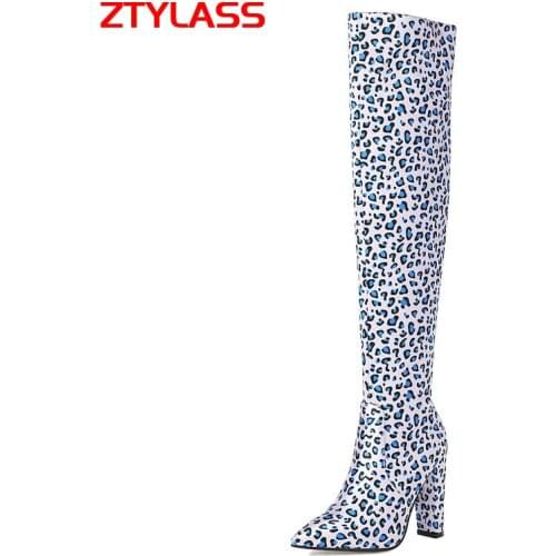 Blue Orange Yellow New Style Classic Leopard Pattern Long Tube Over the Knee Womens Boots Fashion Zipper Pointed Toe Lady Boots