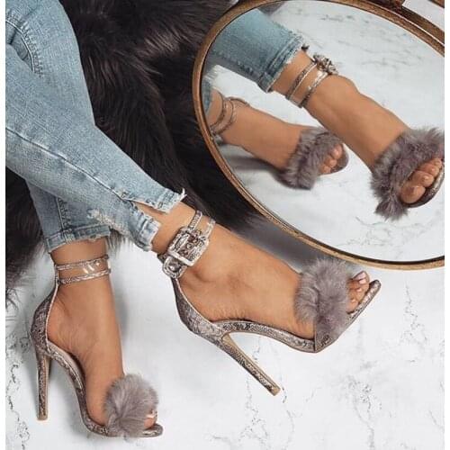 2018 Women Sandals Open Toes High Heels Fur Shoes Fashion PVC Wedding Shoes Pumps Shallow Mouth Women Summer Shoes