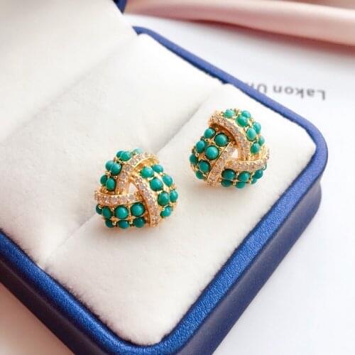 Creative Personality 24K Gold Pave Natural Turquoise Stud Earrings for Women Jewelry 925 Silver Gemstone Earrings Party Gift