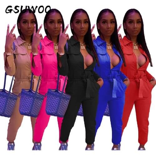 GSUWOO Autumn Womens Retro Long Sleeve Zipper Cargo Jumpsuit with Belt Office Lady Casual Lapel Shirt Rompers Overalls S-XXL
