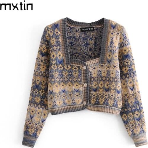 2021 Winter Vintage Jacquard Cropped Knitted Cardigan Sweater Women Fashion V Neck Long Sleeve Female Casual Outerwear Tops