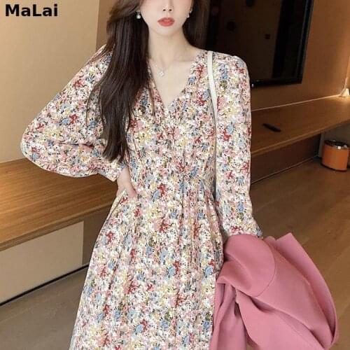 Korean Style Office Lady 2021 Summer V-Neck Chiffon Elegant Dress Women Long Sleeve Floral Print Dress Lace-Up Sweet Beach Dress