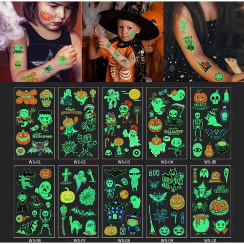 10pcs Halloween Pumpkin Ghost Bat Luminous Tattoo Sticker Children Arm Glowing Tattoo Children Body Art Tattoo Halloween Decor