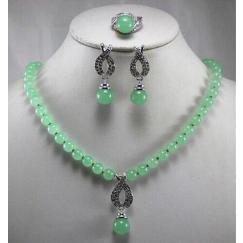 Free Shipping Fashion WomenS Precious jade gem Necklace Earring Ring(7/8/9)Jewelry Set