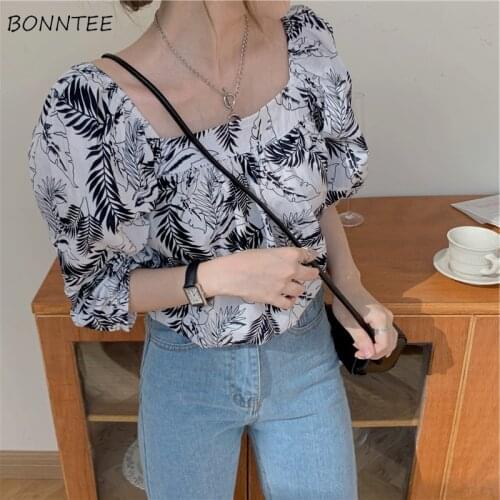 Blouses Women Retro Kpop Causal Print Popular Female Summer Comfortable Basic Chic Ulzzang Square Collar High Street Mujer Loose