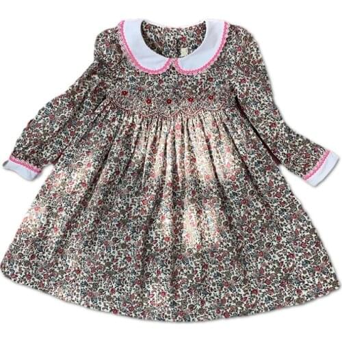New Spring Autumn Kids Red Floral Printed Peter Pan Collar Handmade Smock Belt Lace Girls 3-7yrs Full-sleeved Cotton Dresses