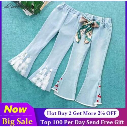 Childrens Jeans For Girls Denim Fashion New Denim Jeans Pants Lovely Cat Print Bottom Kids Trousers For Girls Jeans For 2-14 Y