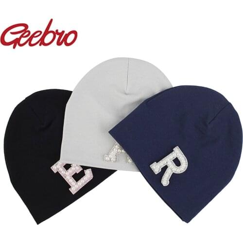Geebro Diy Pearl Letter Newborn Beanies Candy Color Baby Girl Hat Boy Cap Kids Cotton Outdoor Warm Bonnet Children Toddler Hats