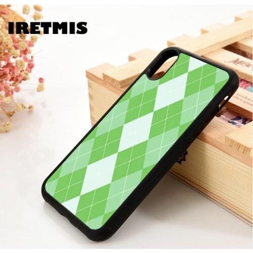 Iretmis 5 5S SE 6 6S TPU Silicone Rubber Phone Case Cover for iPhone 7 8 Plus X Xs 11 12 MINI Pro Max XR Green Apple Argyle