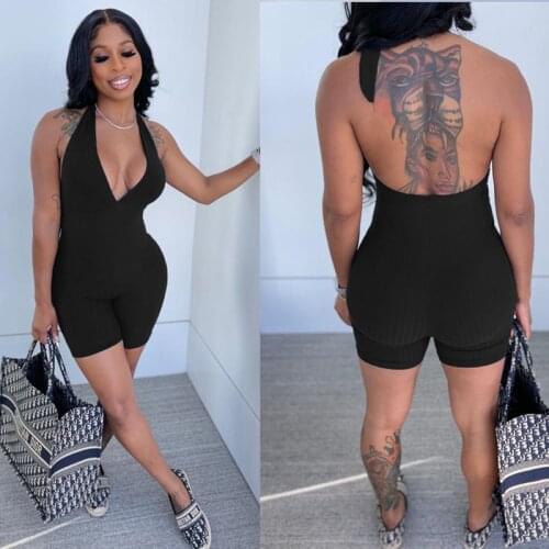 Echoine Ribbed V-neck Playsuit Sexy Halter Lace Up Backless Rompers Short Jumpsuit Summer Sleeveless Party Clubwear Outfits