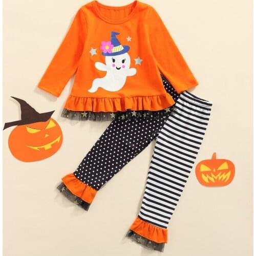 Lioraitiin 0-5Years Toddler Baby Girl Tops Pants Suit Halloween Long Sleeve Round Neck Ruffle Striped Loose Trousers