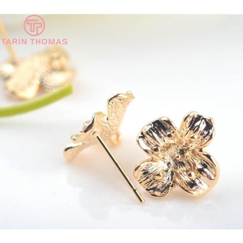 10PCS Flower 14*12.5MM 24k Gold Color Brass Flower Stud Earrings Pins High Quality Diy Jewelry Findings Accessories
